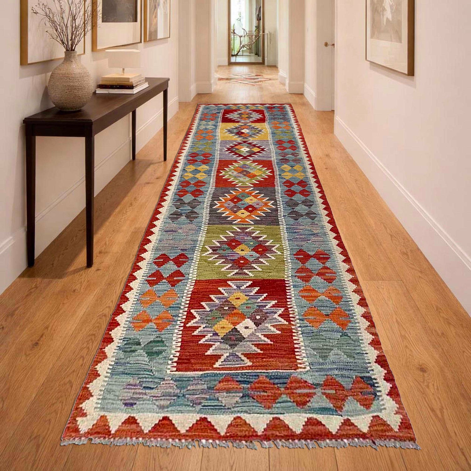 Handmade Multi Kilim Geometric 10' Runner