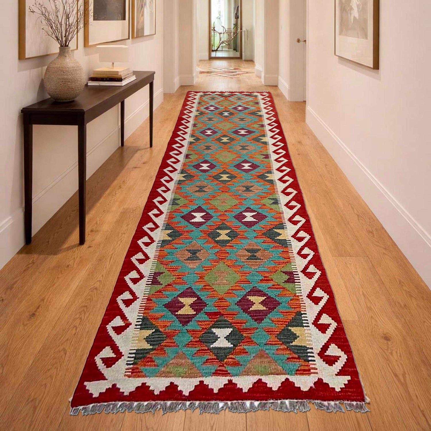 Handmade Multi Kilim Geometric 10' Runner