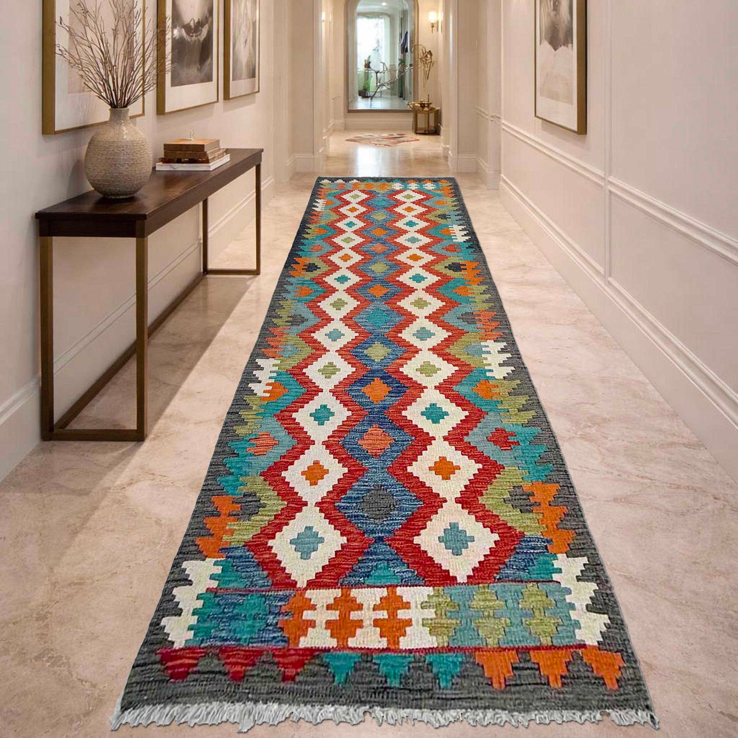 Handmade Multi Kilim Geometric 10' Runner
