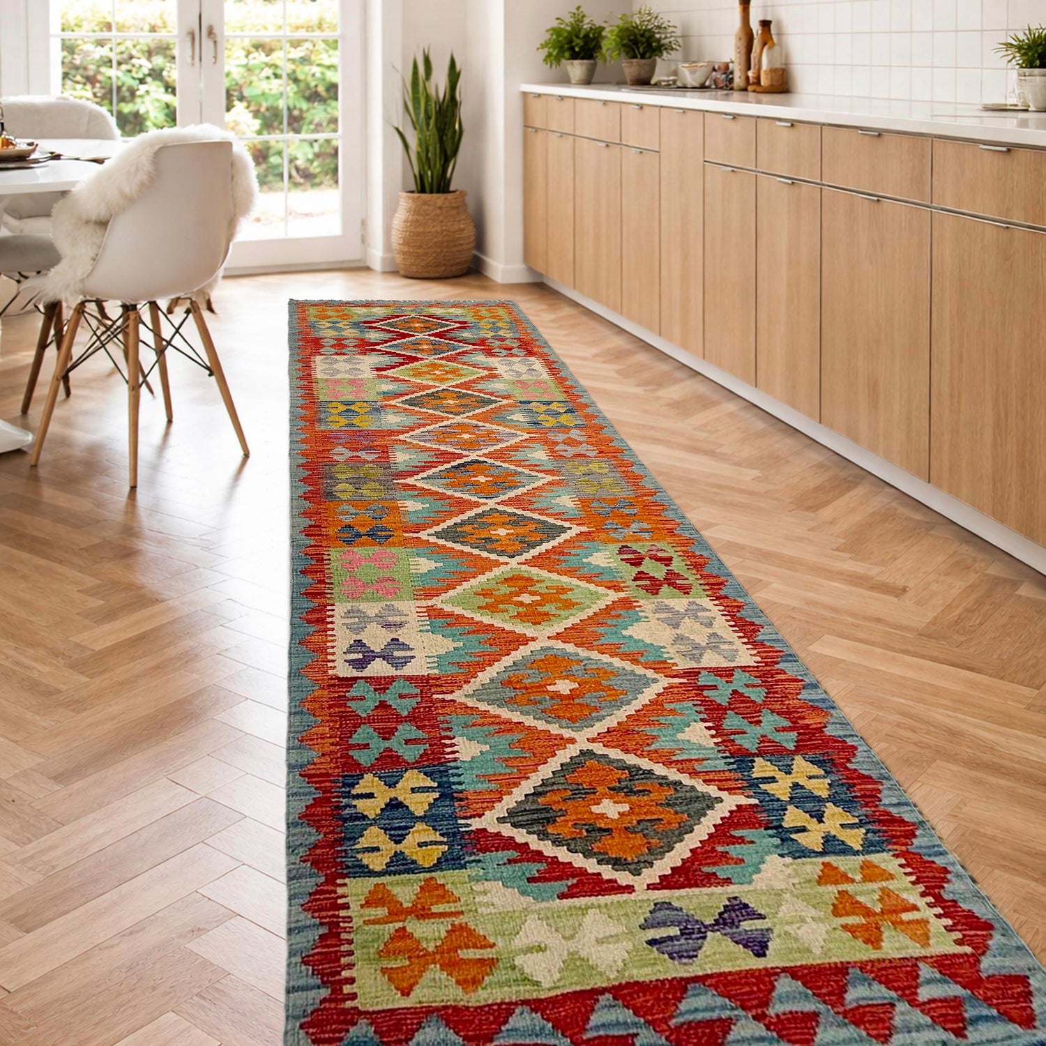 Handmade Multi Kilim Geometric 10' Runner