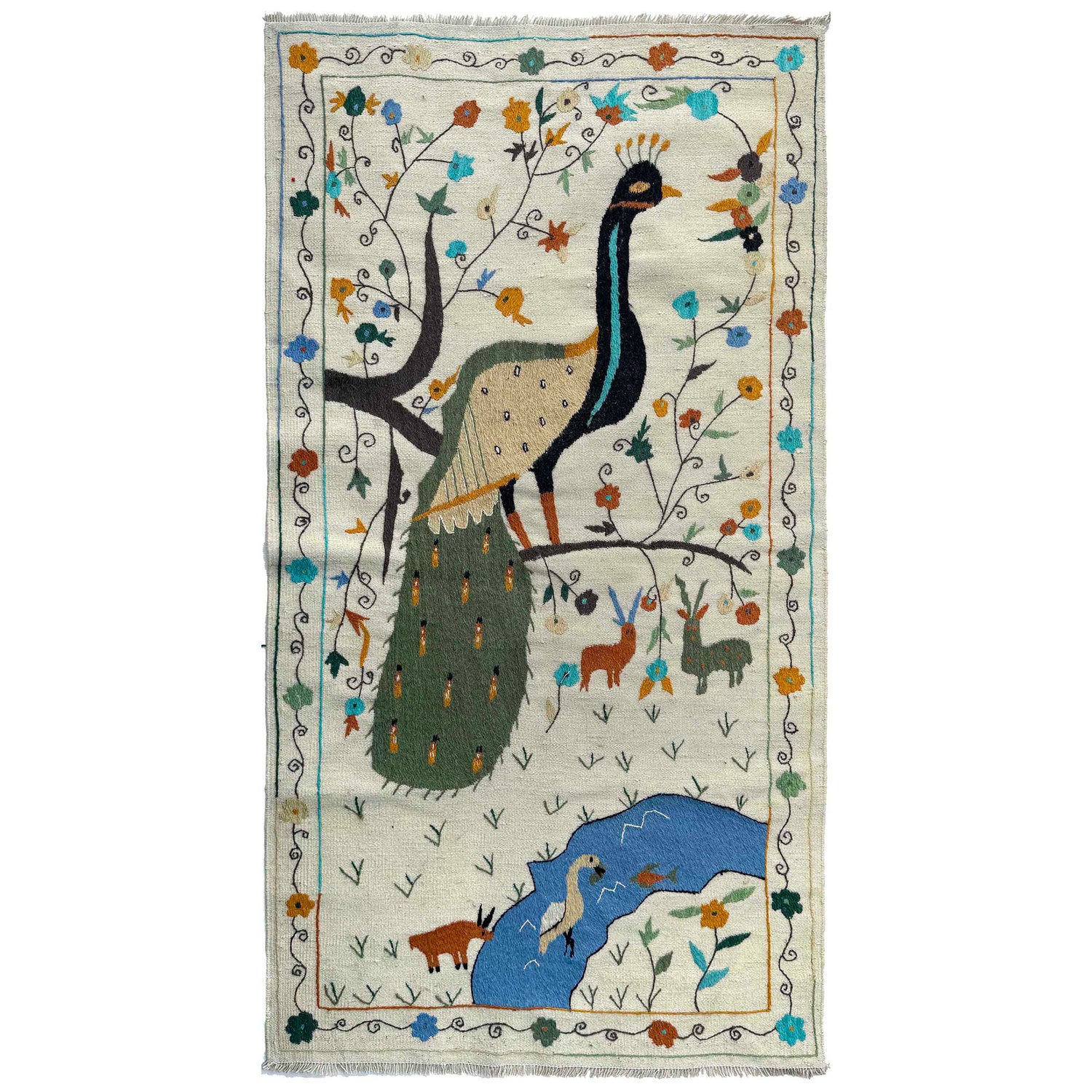 Embroidery Kilim Area Rug Handmade Beige Animal 4x6 ft