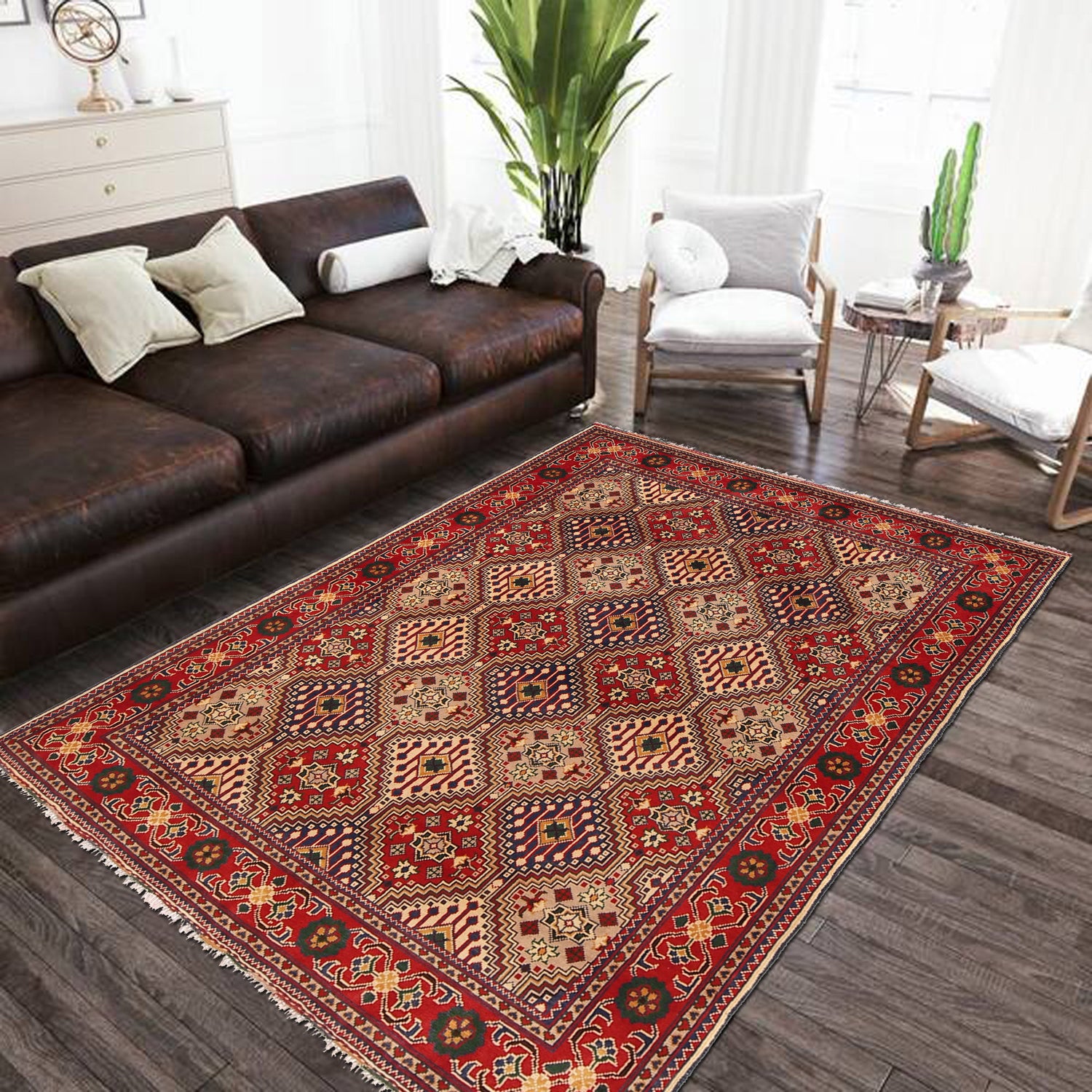 Oriental Area Rug Handmade Multi Geometric 4x7 ft