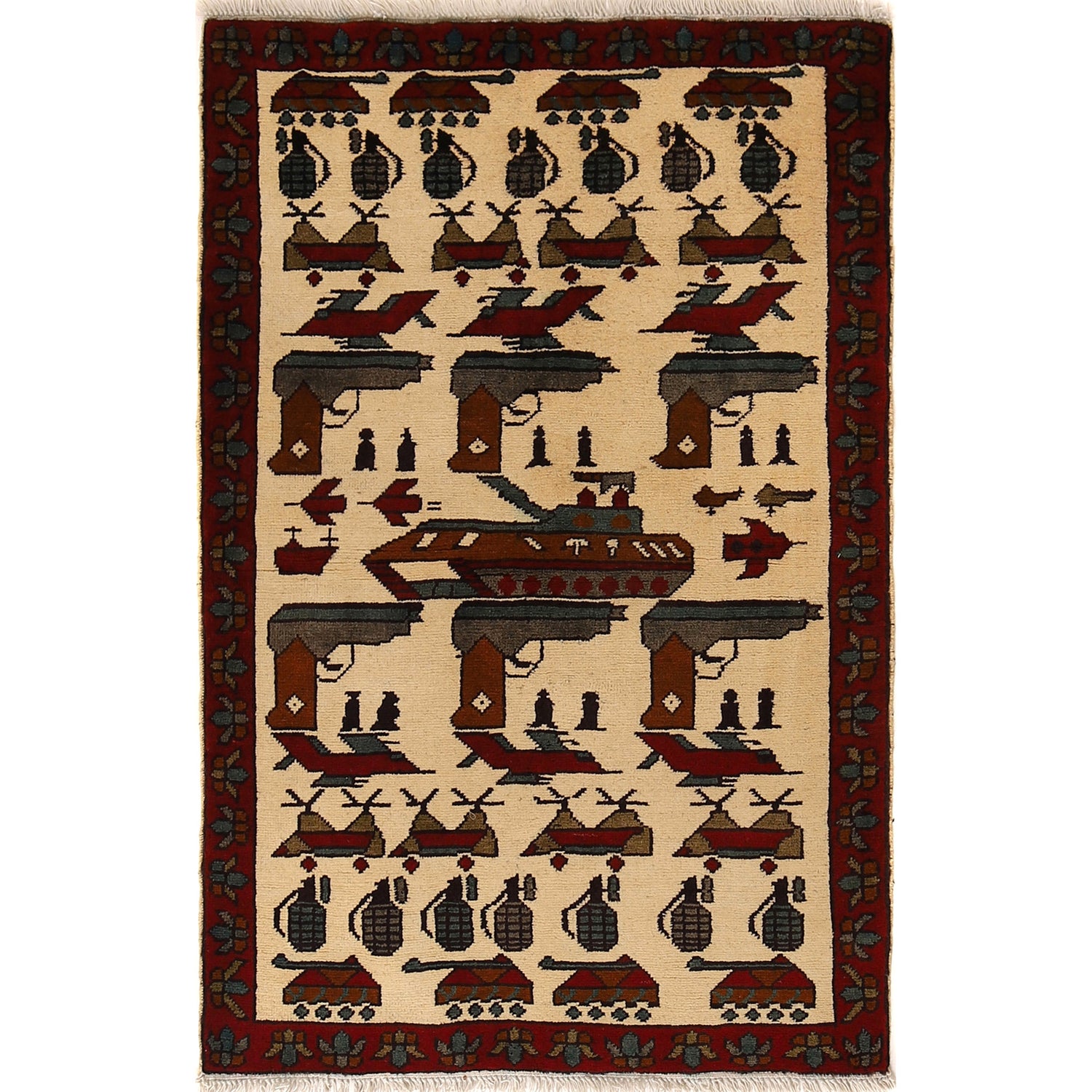 War Area Rug Handmade Ivory Gun + Tank + Grenade 2x4 ft