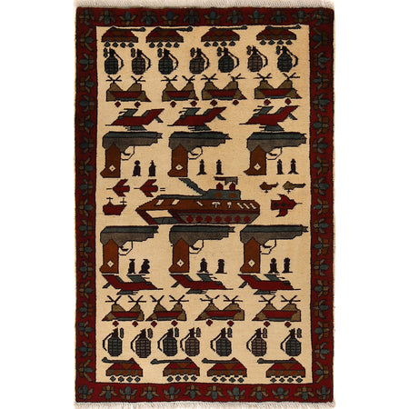 War Area Rug Handmade Ivory Gun + Tank + Grenade 2x4 ft