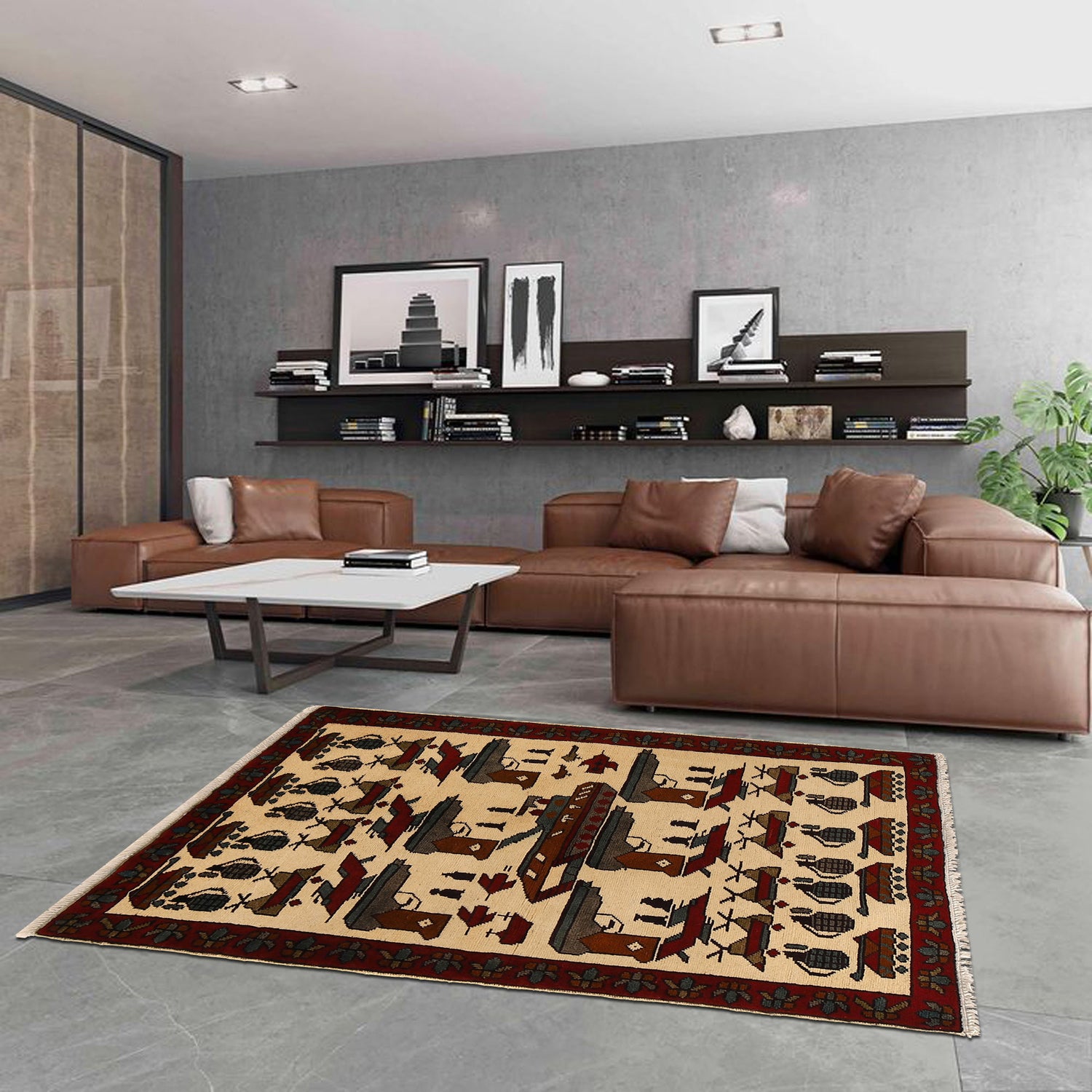 War Area Rug Handmade Ivory Gun + Tank + Grenade 2x4 ft