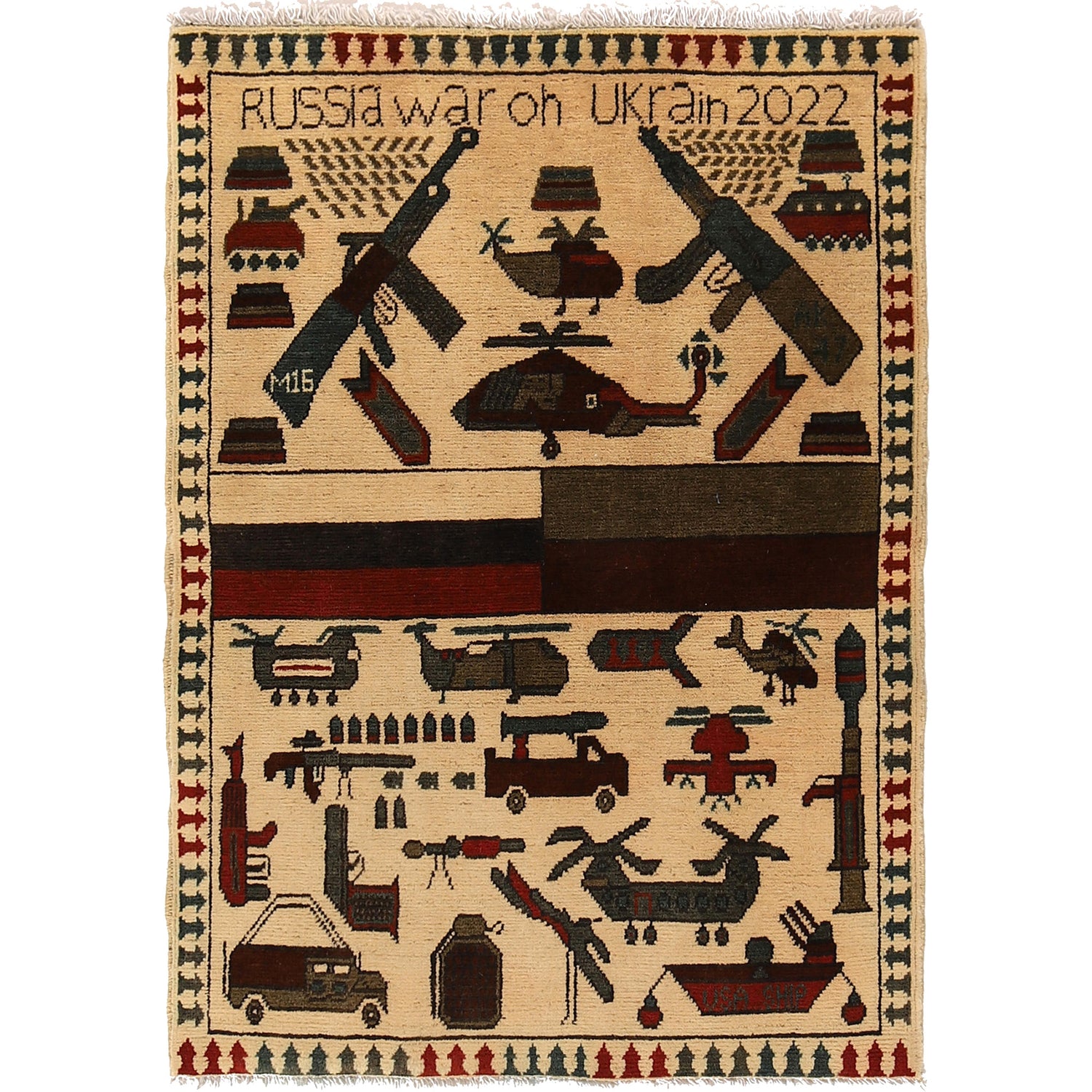War Area Rug Handmade Beige Helicopter + Weapon + Tank 2x4