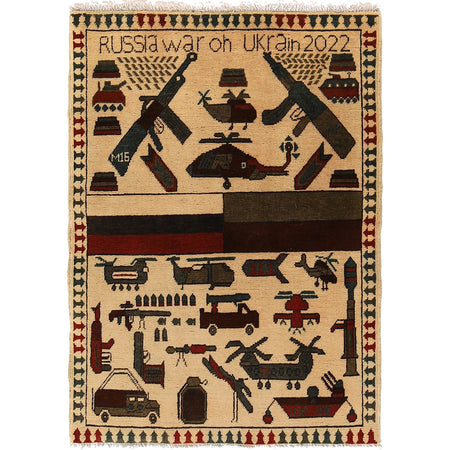 War Area Rug Handmade Beige Helicopter + Weapon + Tank 2x4