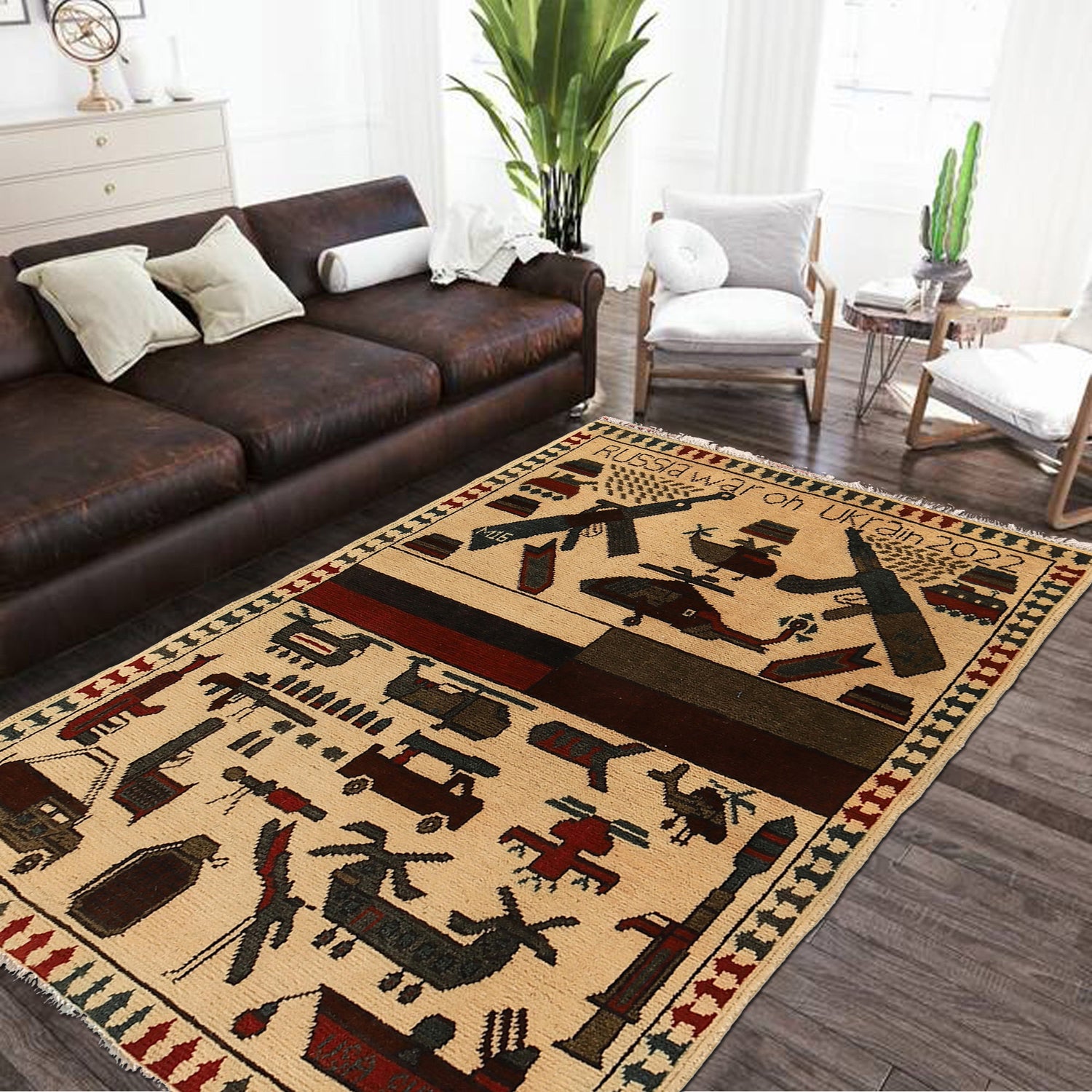 War Area Rug Handmade Beige Helicopter + Weapon + Tank 2x4
