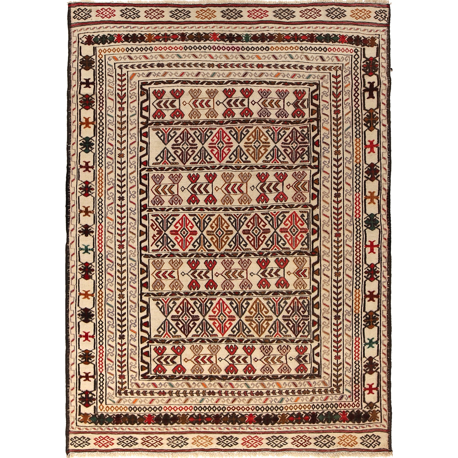 Soumak Kilim Area Rug Handmade White Floral 4x6 ft