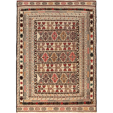 Soumak Kilim Area Rug Handmade White Floral 4x6 ft