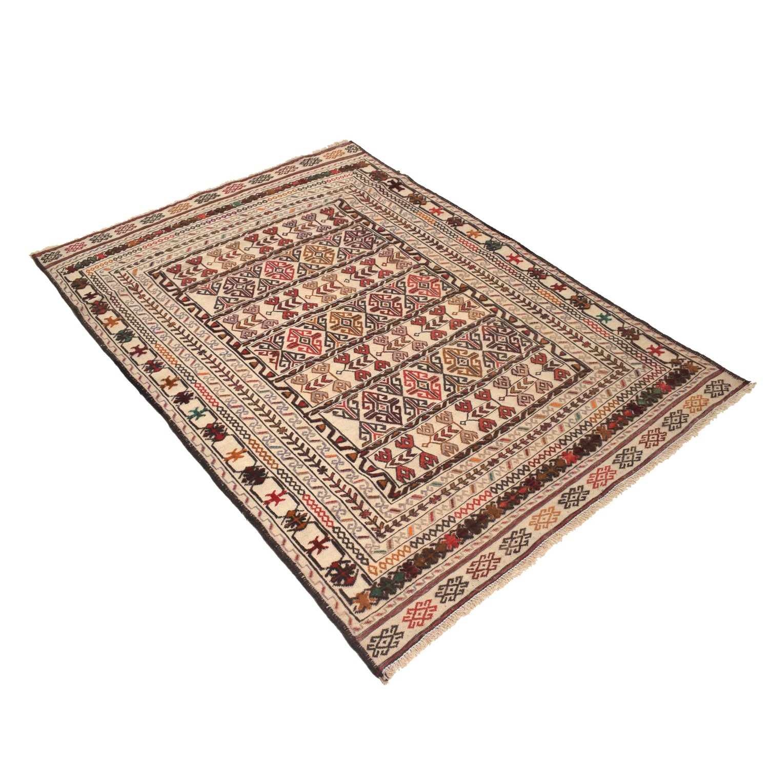 Soumak Kilim Area Rug Handmade White Floral 4x6 ft