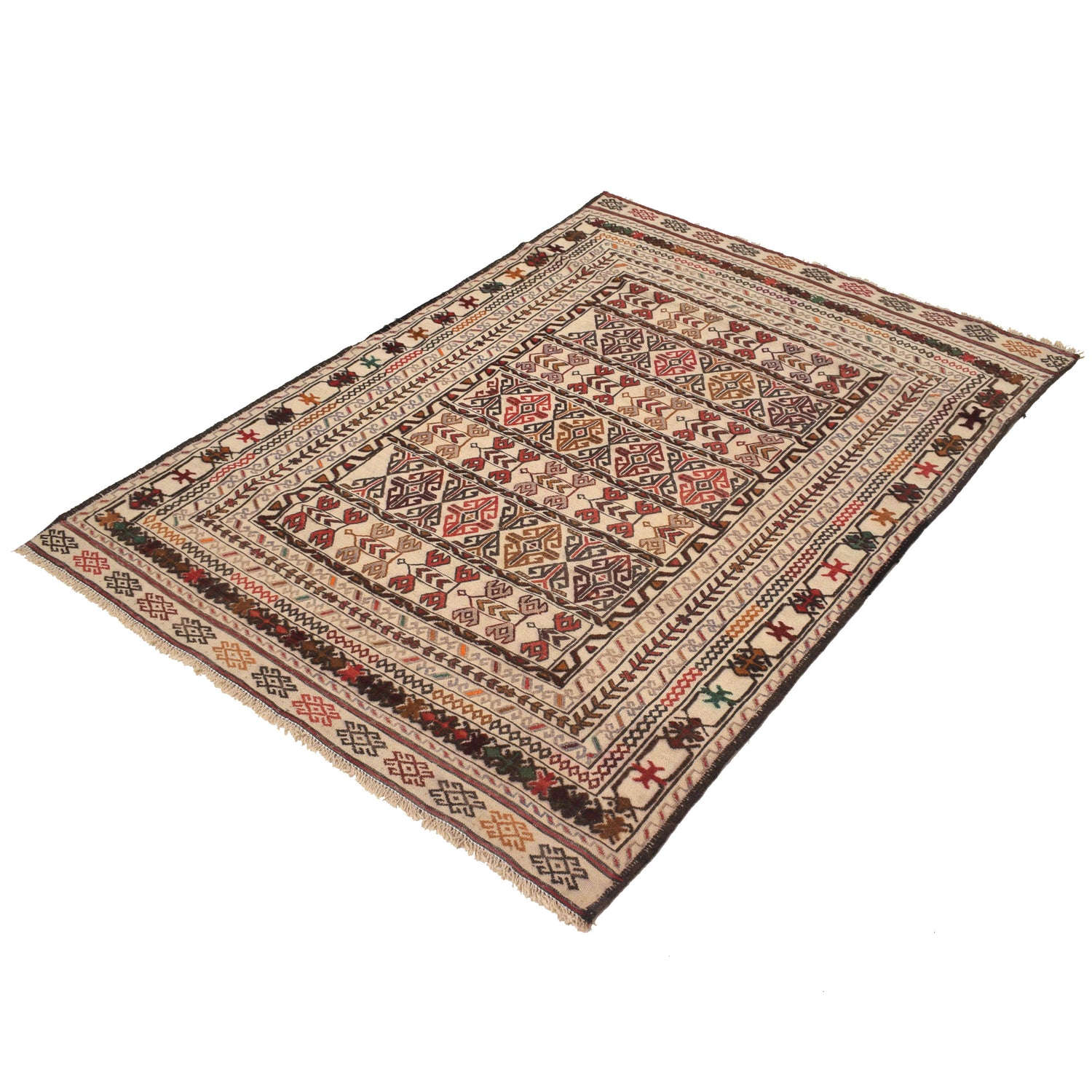 Soumak Kilim Area Rug Handmade White Floral 4x6 ft