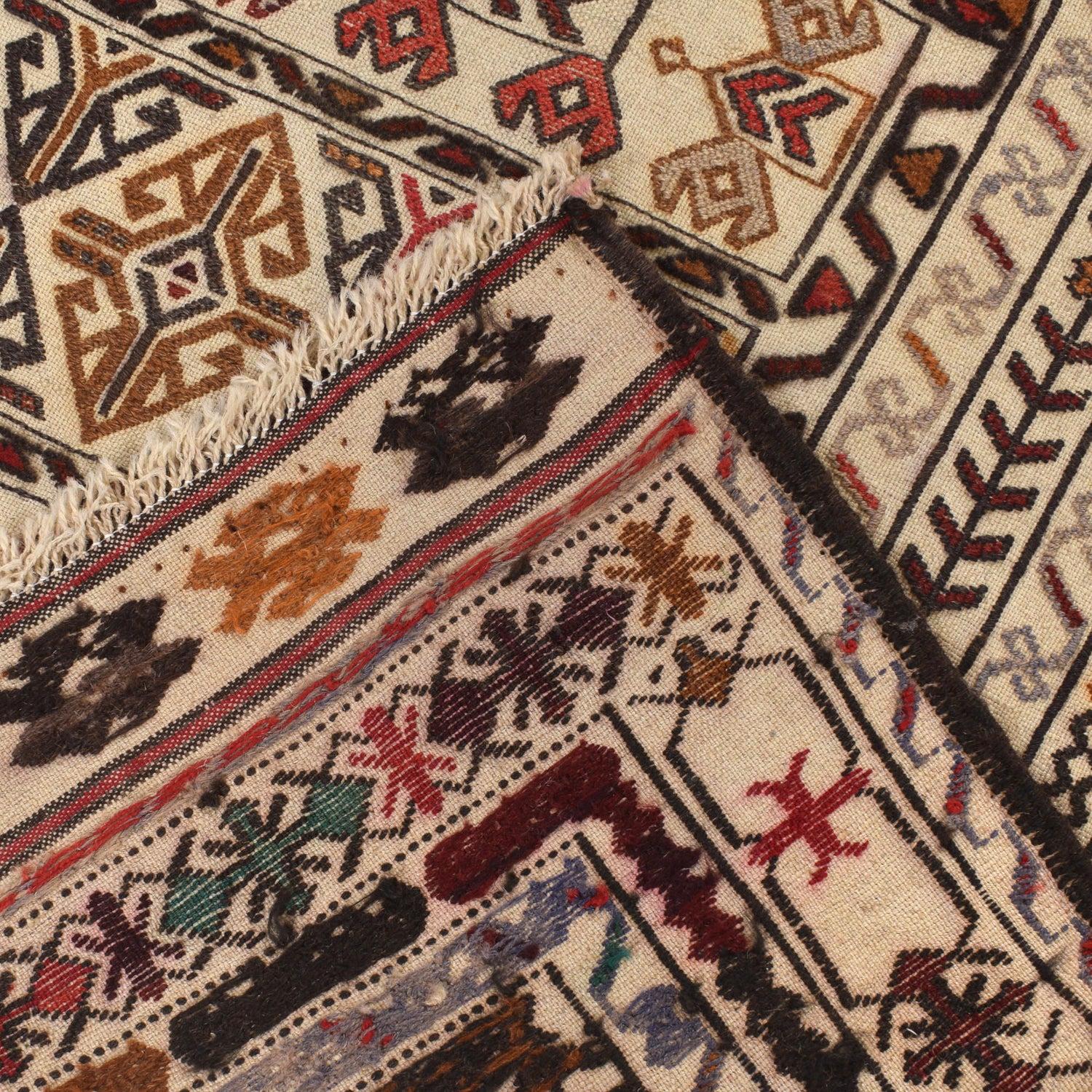 Soumak Kilim Area Rug Handmade White Floral 4x6 ft