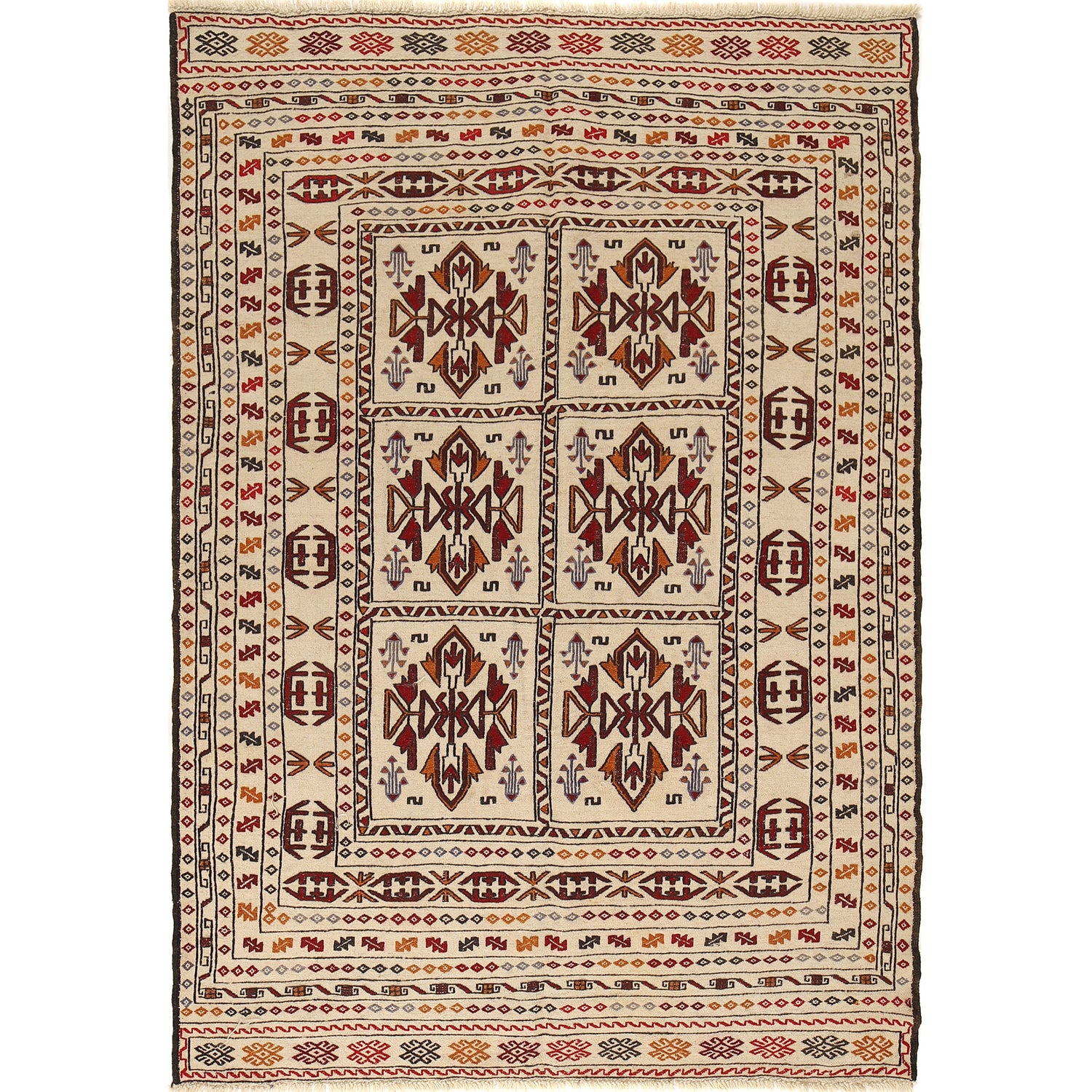 Soumak Kilim Area Rug Handmade White Floral 4x6 ft
