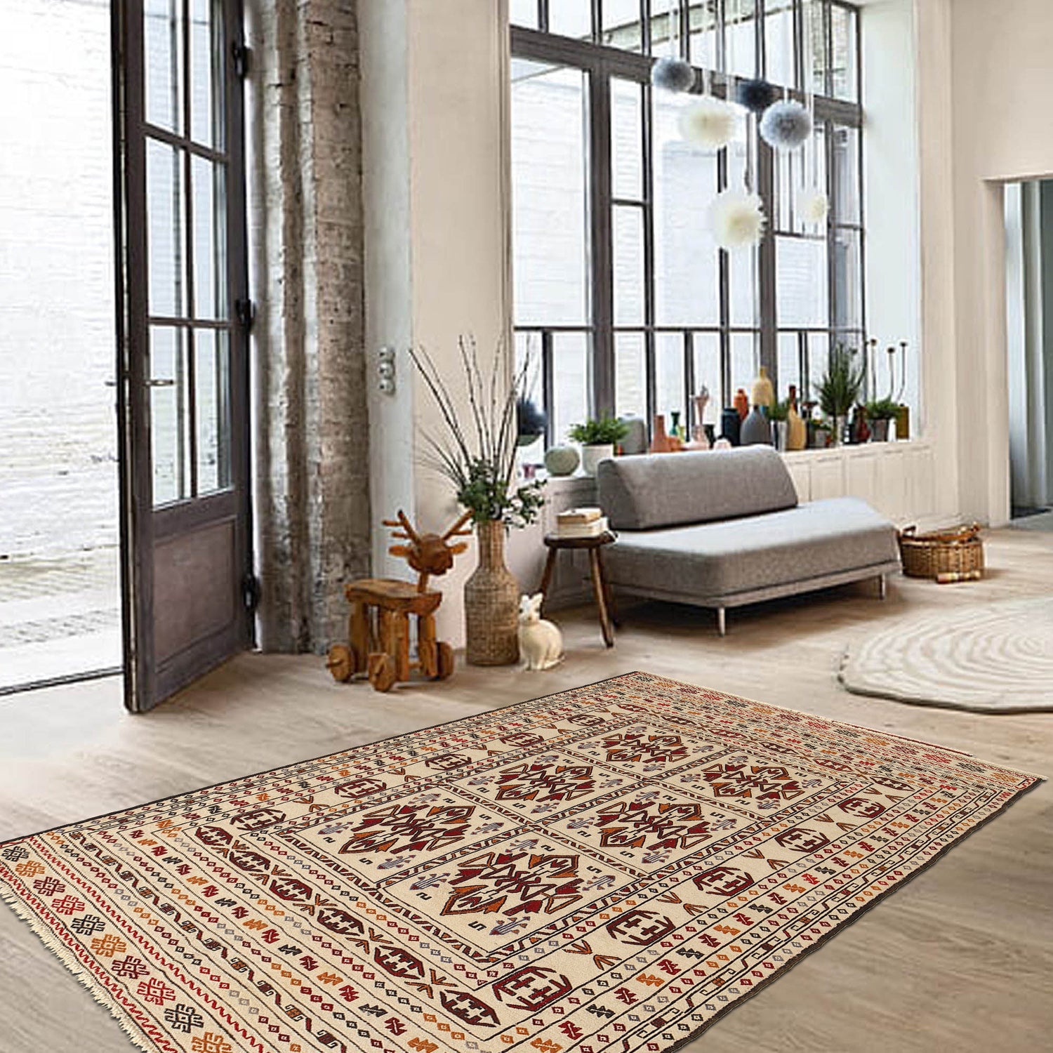 Soumak Kilim Area Rug Handmade White Floral 4x6 ft