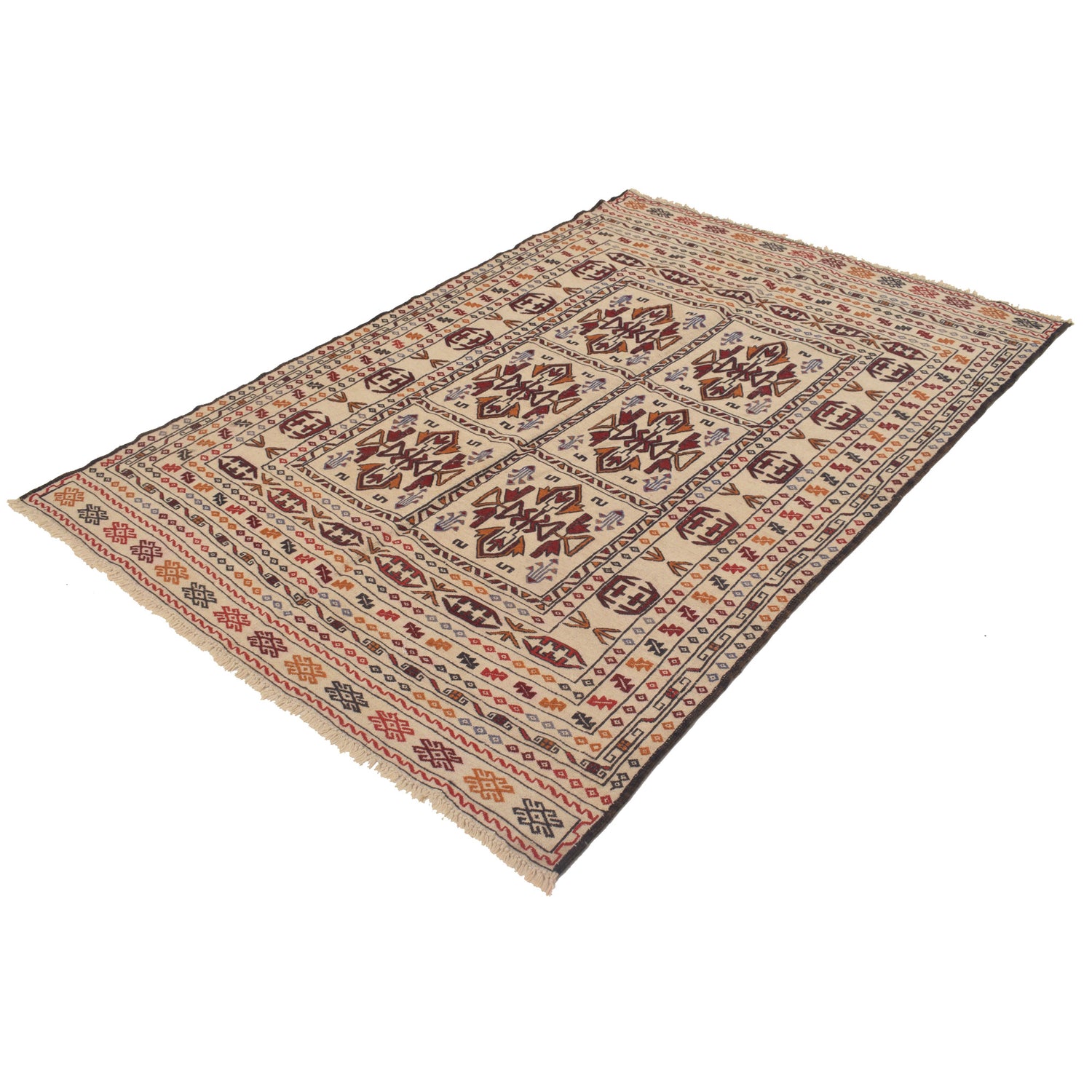 Soumak Kilim Area Rug Handmade White Floral 4x6 ft