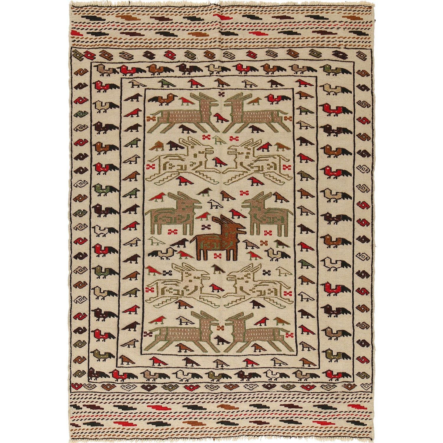 Soumak Kilim Area Rug Handmade White Pictorial 4x6 ft