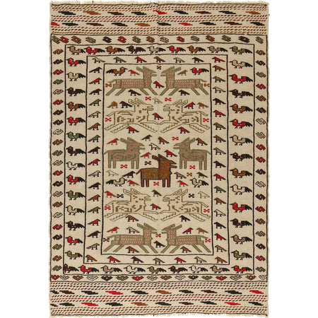 Soumak Kilim Area Rug Handmade White Pictorial 4x6 ft
