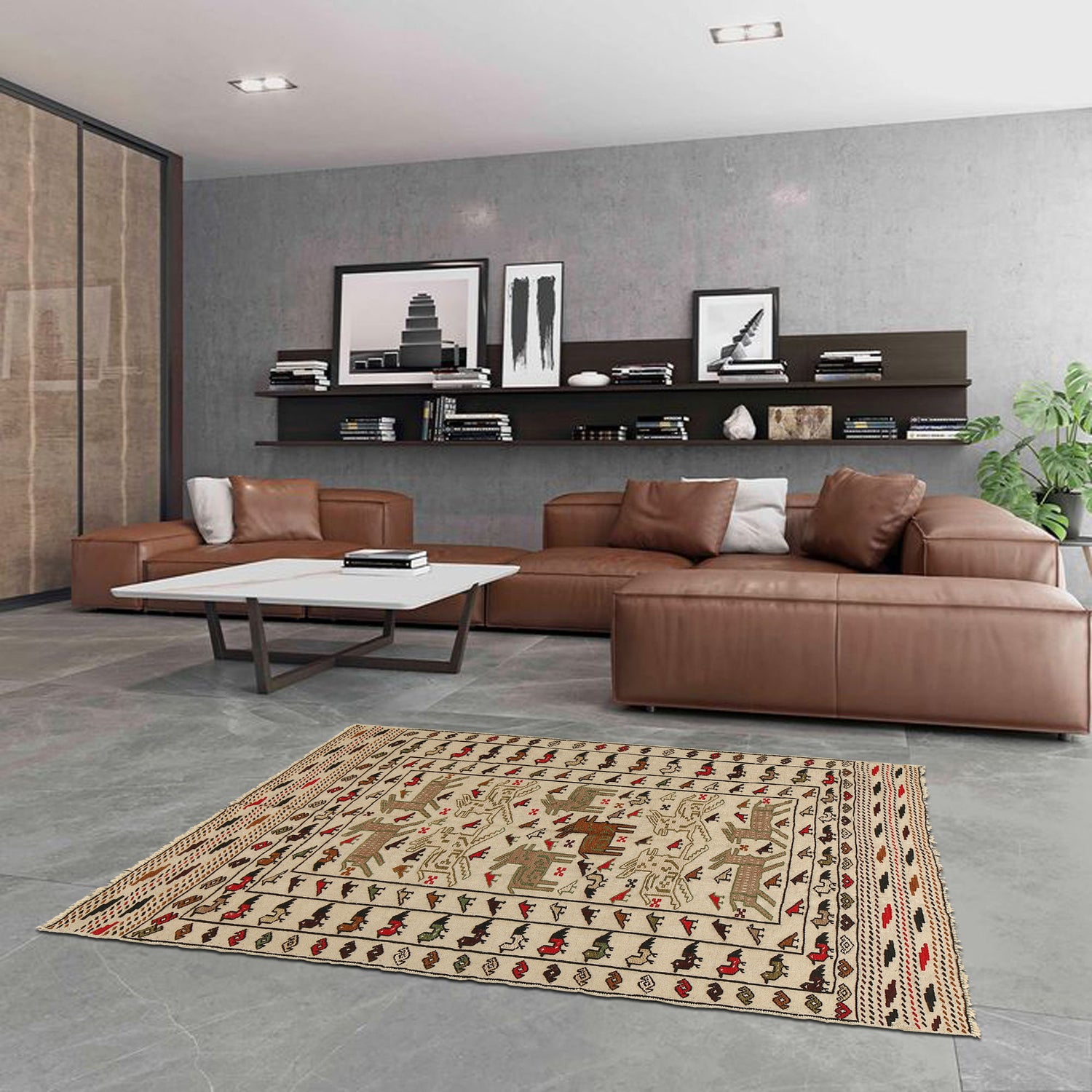 Soumak Kilim Area Rug Handmade White Pictorial 4x6 ft