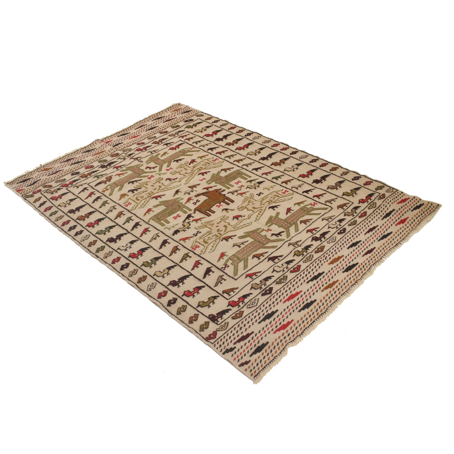 Soumak Kilim Area Rug Handmade White Pictorial 4x6 ft