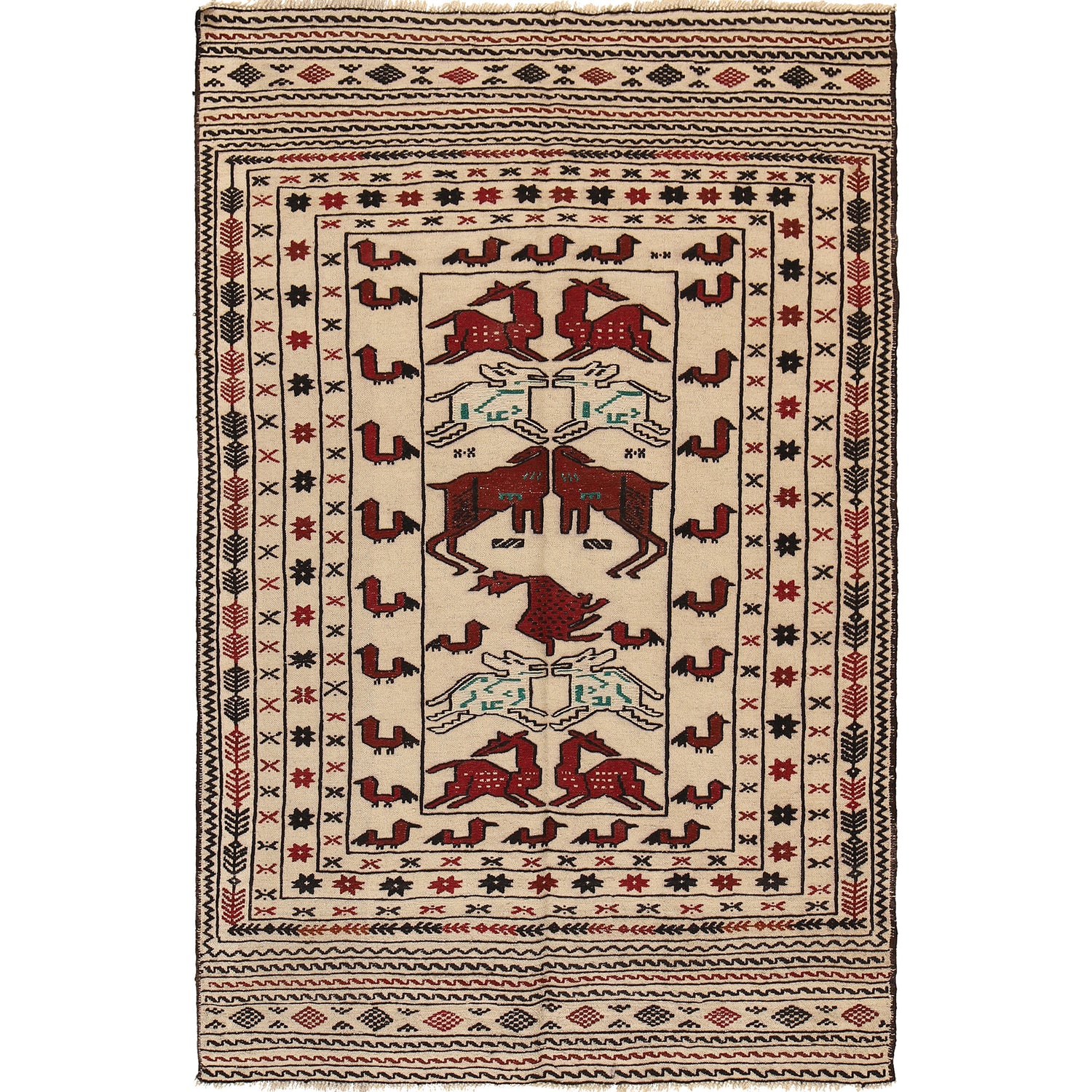 Soumak Kilim Area Rug Handmade White Pictorial 4x6 ft