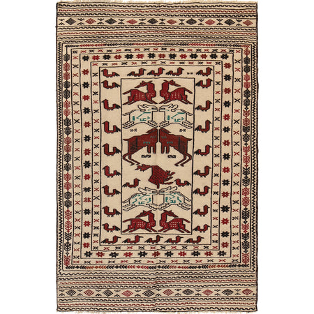 Soumak Kilim Area Rug Handmade White Pictorial 4x6 ft