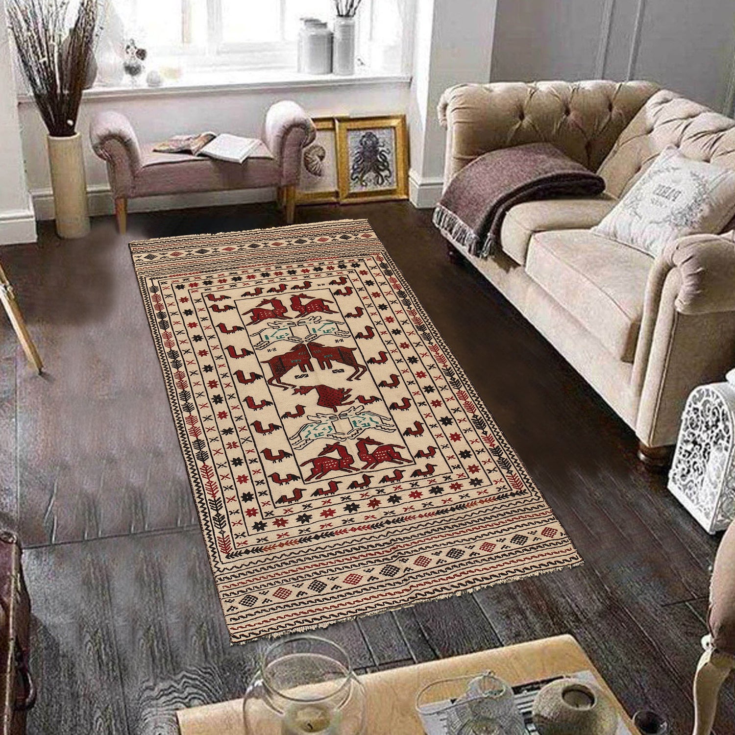 Soumak Kilim Area Rug Handmade White Pictorial 4x6 ft