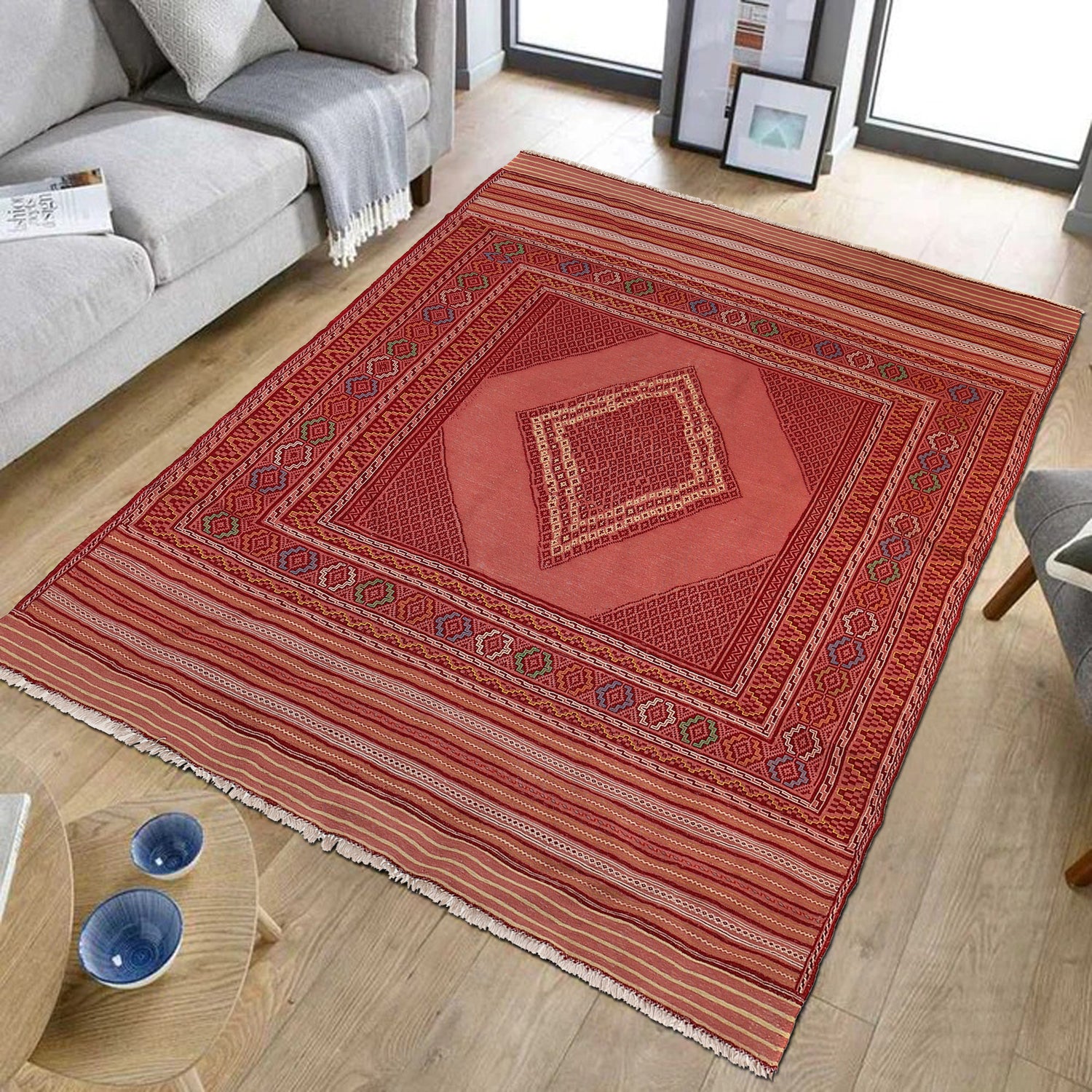 Laghari Kilim Area Rug Handmade Pink Geometric 4x7 ft