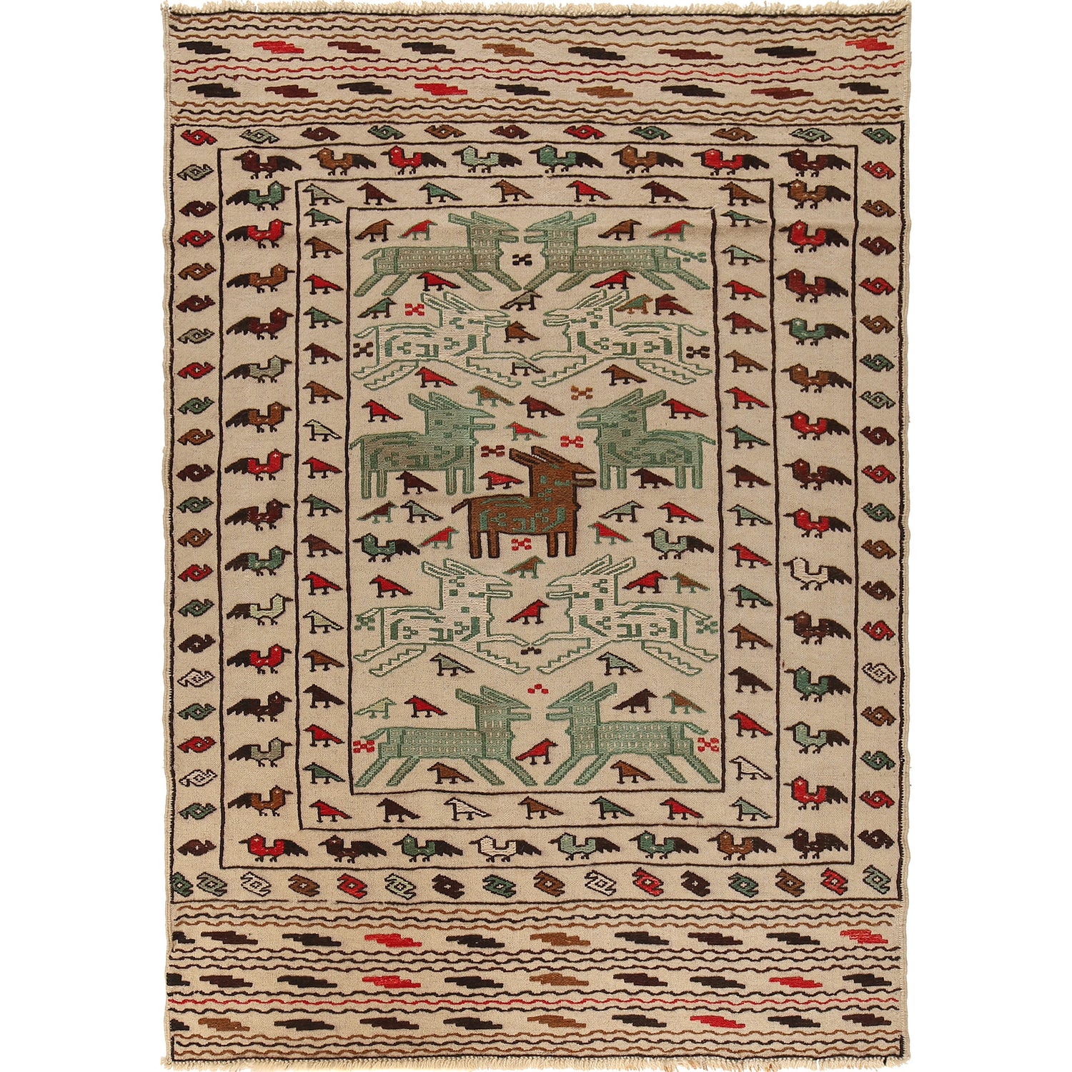 Soumak Kilim Area Rug Handmade White Pictorial 4x6 ft