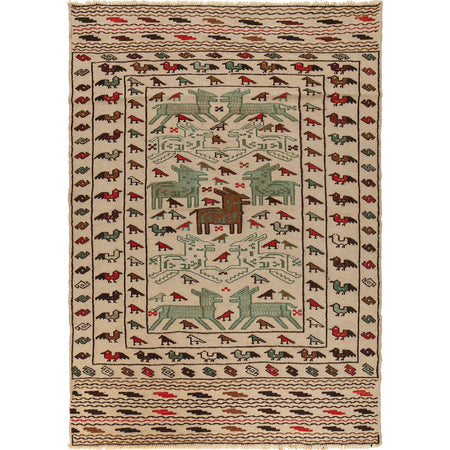 Soumak Kilim Area Rug Handmade White Pictorial 4x6 ft