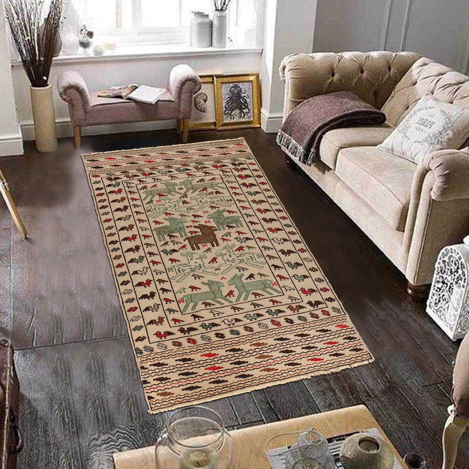 Soumak Kilim Area Rug Handmade White Pictorial 4x6 ft
