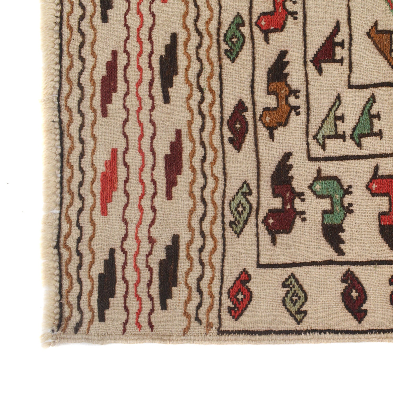 Soumak Kilim Area Rug Handmade White Pictorial 4x6 ft