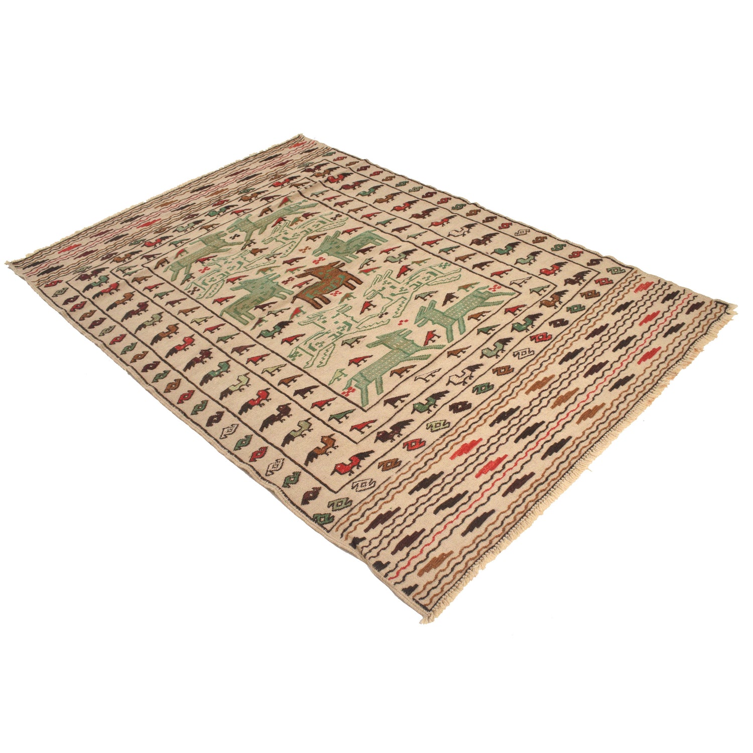Soumak Kilim Area Rug Handmade White Pictorial 4x6 ft