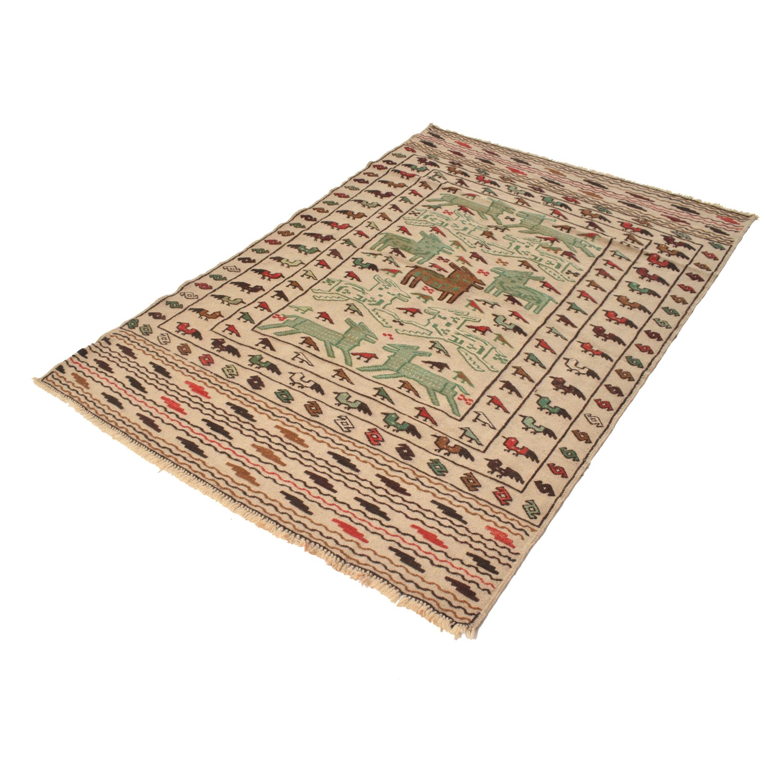 Soumak Kilim Area Rug Handmade White Pictorial 4x6 ft