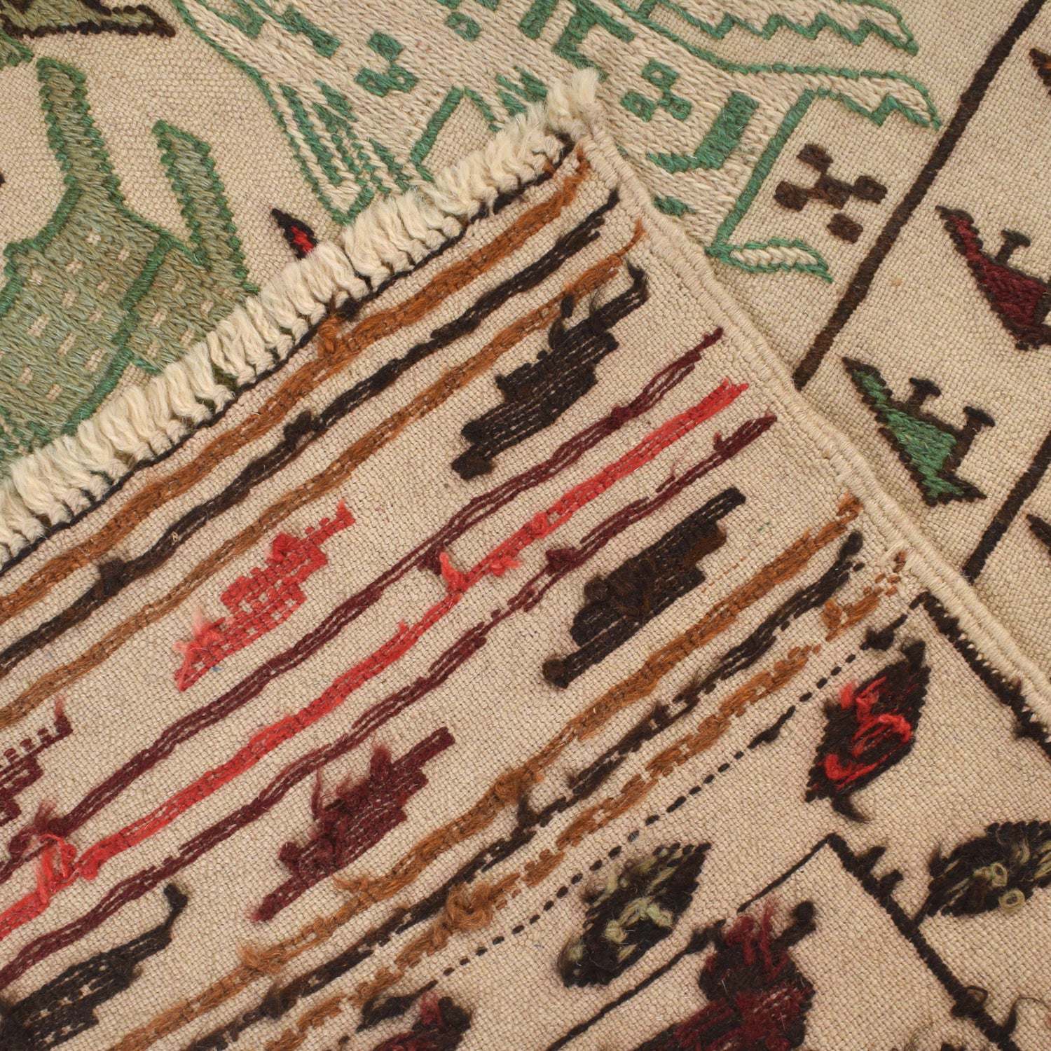 Soumak Kilim Area Rug Handmade White Pictorial 4x6 ft