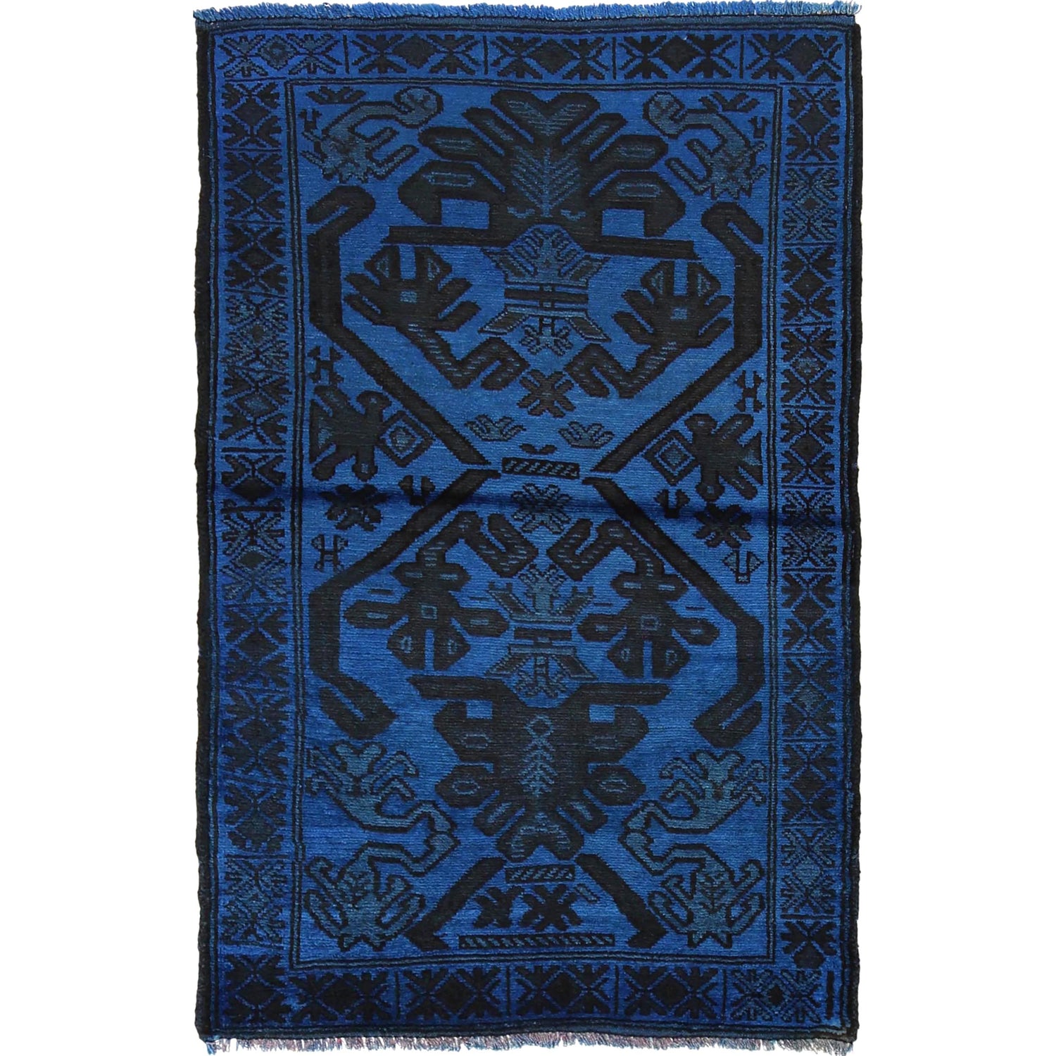 Overdyed Area Rug Handmade Blue Geometric 2x4 ft