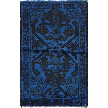 Overdyed Area Rug Handmade Blue Geometric 2x4 ft