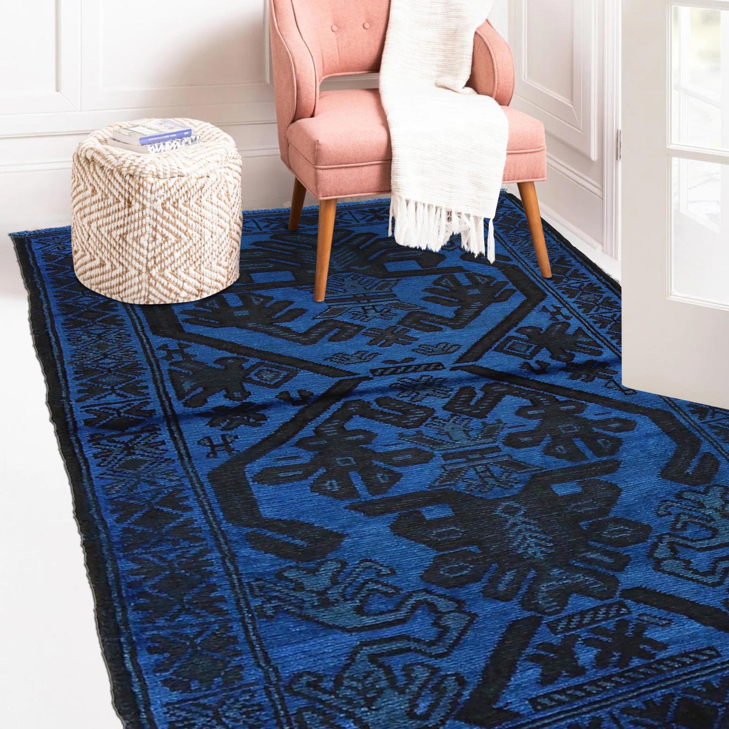 Overdyed Area Rug Handmade Blue Geometric 2x4 ft