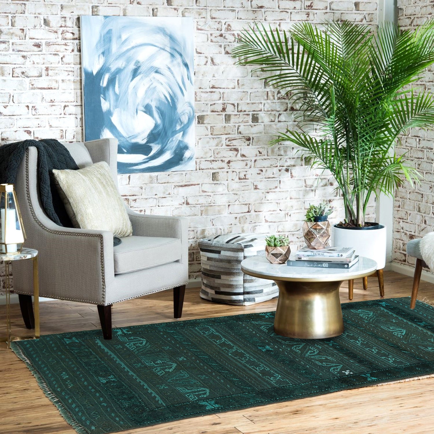 Overdyed Area Rug Handmade Green Geometric 3x5 ft