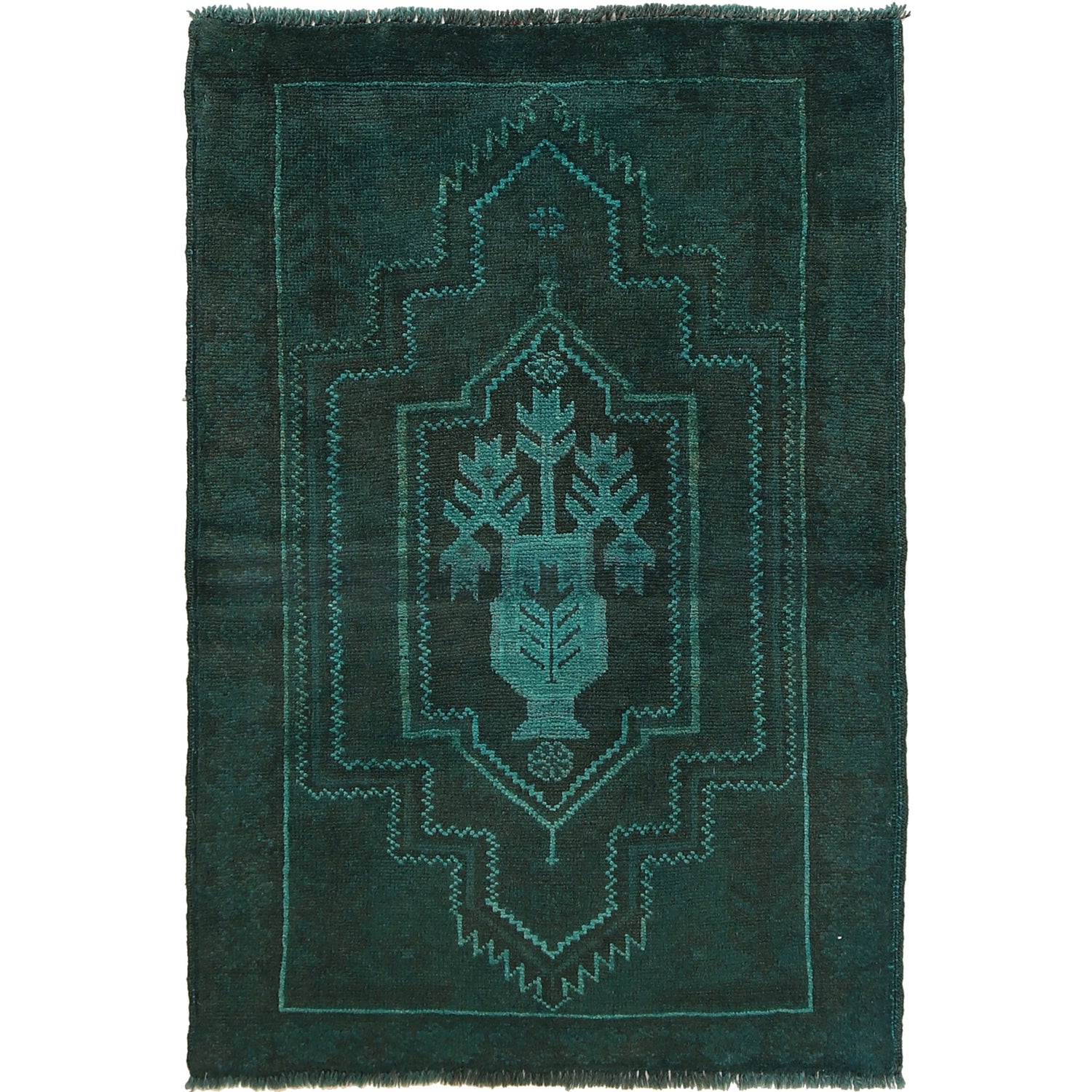 Overdyed Area Rug Handmade Blue Geometric 2x4 ft