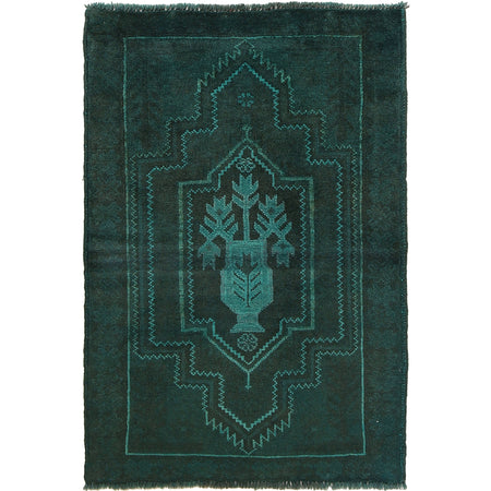 Overdyed Area Rug Handmade Blue Geometric 2x4 ft