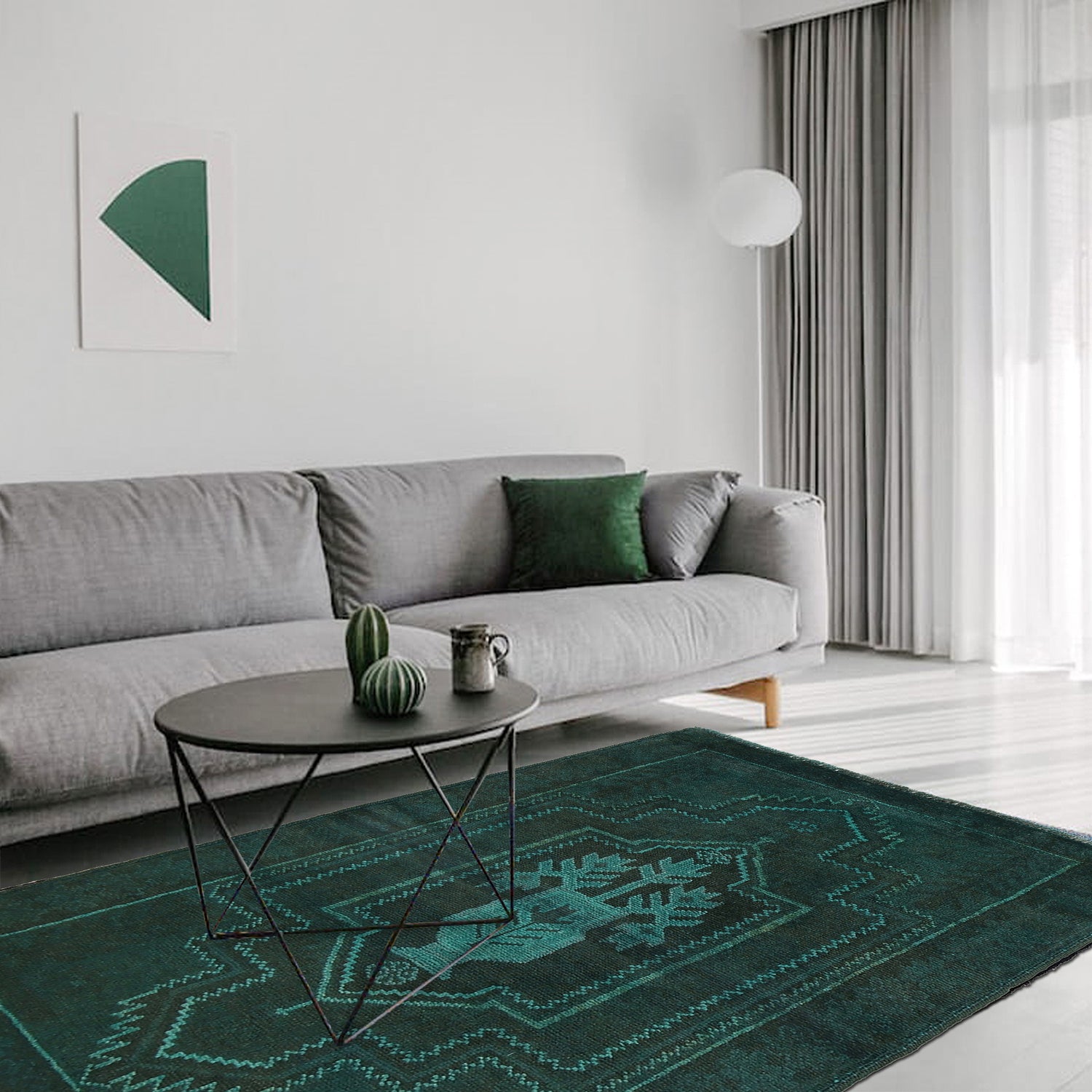 Overdyed Area Rug Handmade Blue Geometric 2x4 ft