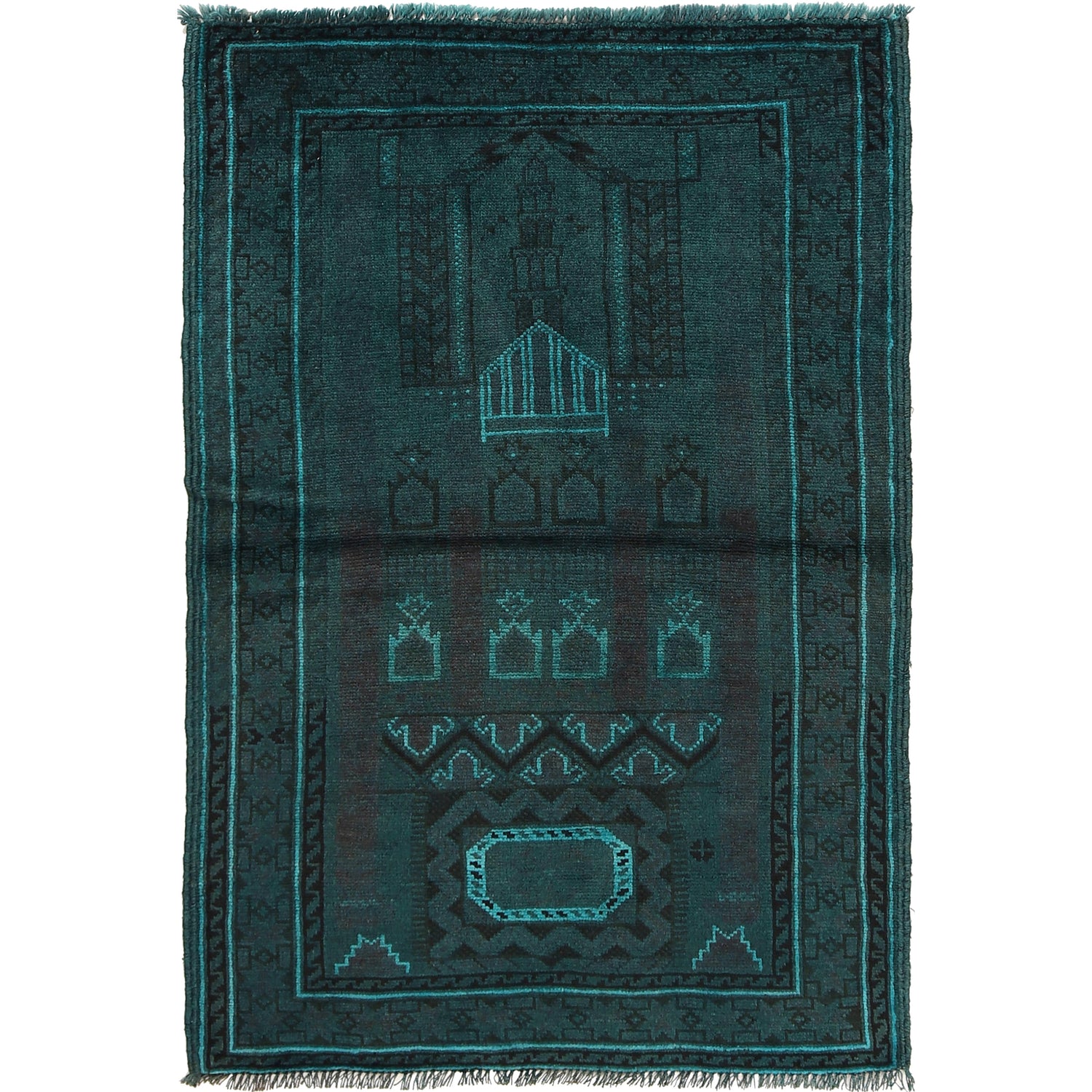 Overdyed Area Rug Handmade Blue Geometric 3x5 ft