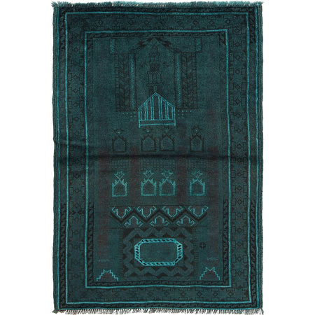Overdyed Area Rug Handmade Blue Geometric 3x5 ft