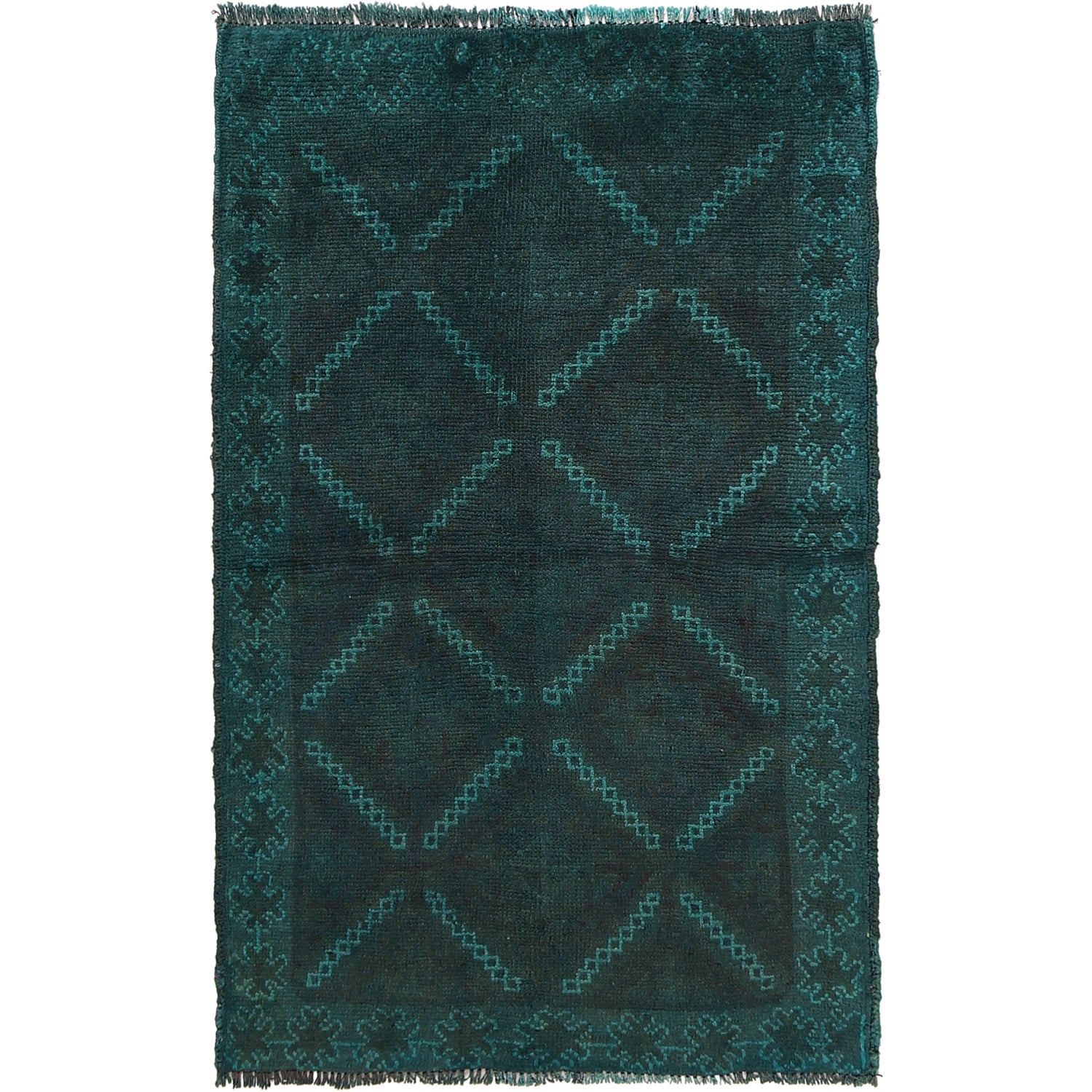 Overdyed Area Rug Handmade Blue Geometric 2x4 ft