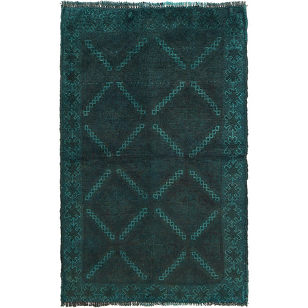 Overdyed Area Rug Handmade Blue Geometric 2x4 ft