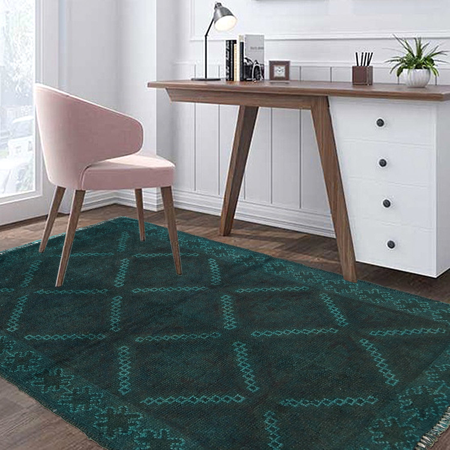 Overdyed Area Rug Handmade Blue Geometric 2x4 ft