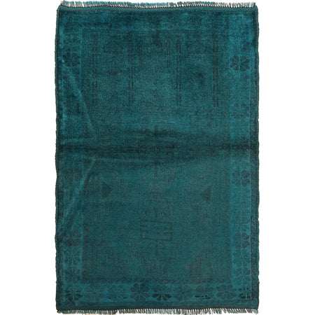 Overdyed Area Rug Handmade Blue Geometric 2x4 ft