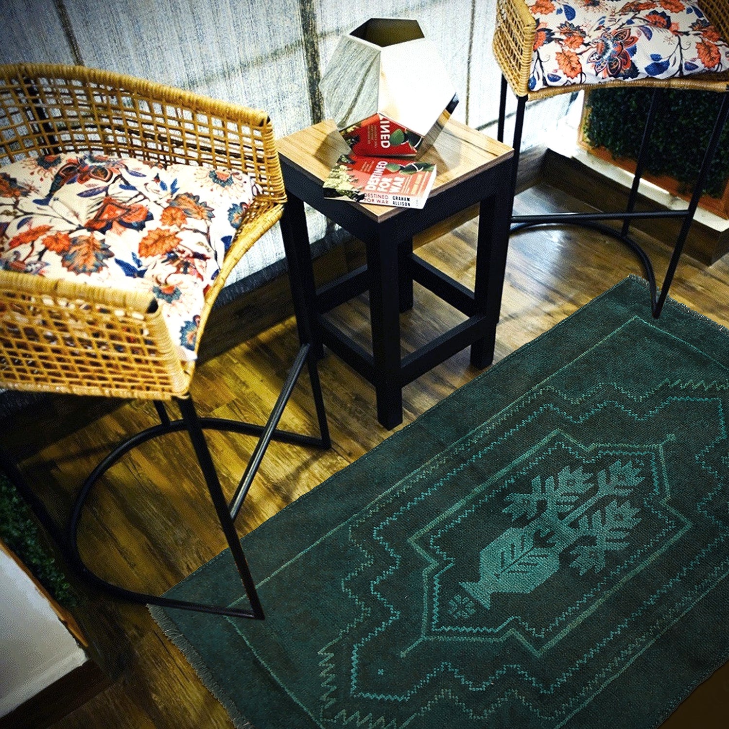Overdyed Area Rug Handmade Blue Geometric 2x4 ft