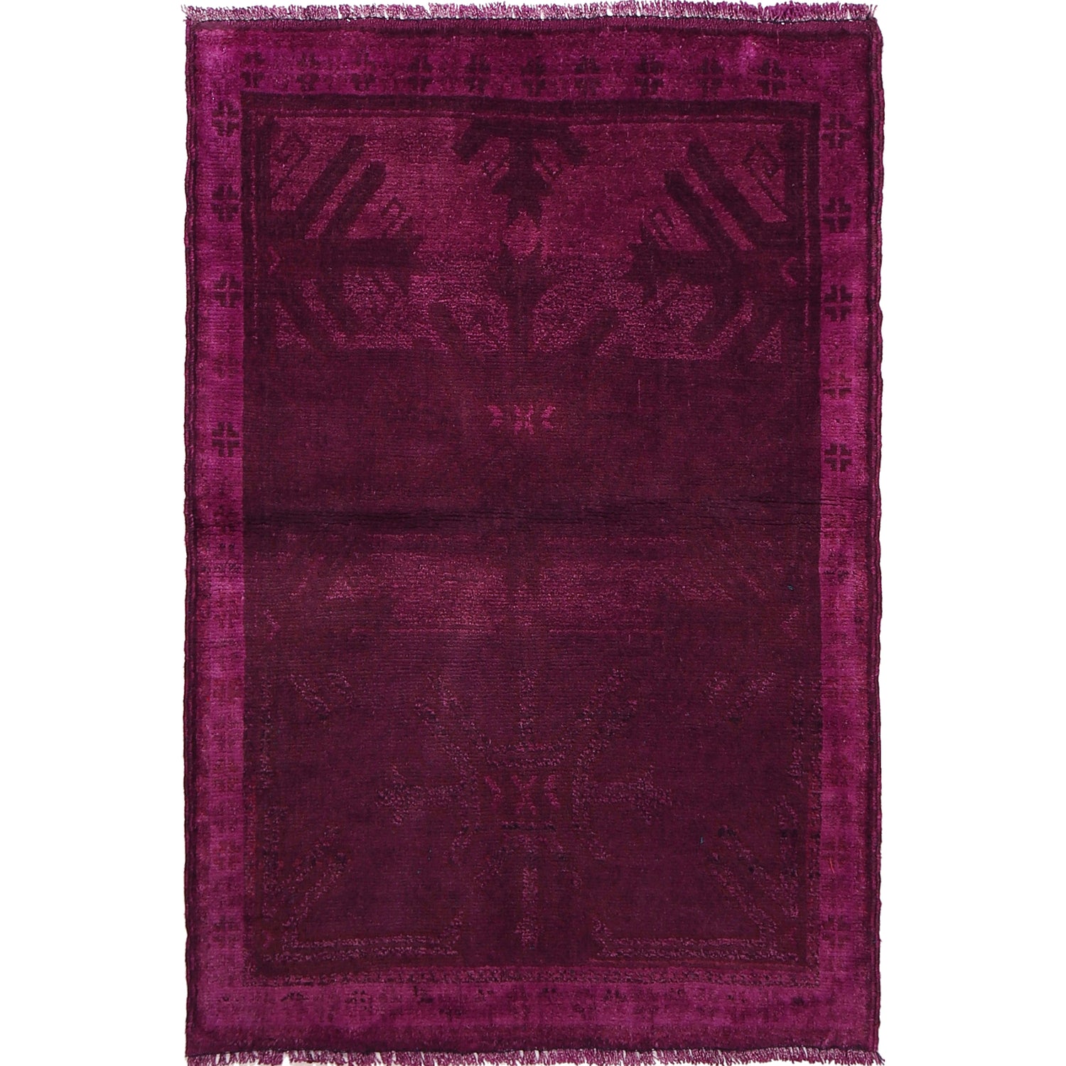Overdyed Area Rug Handmade Purple Geometric 2x4 ft